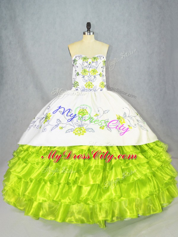 Most Popular Sleeveless Lace Up Floor Length Embroidery and Ruffled Layers Quinceanera Dresses