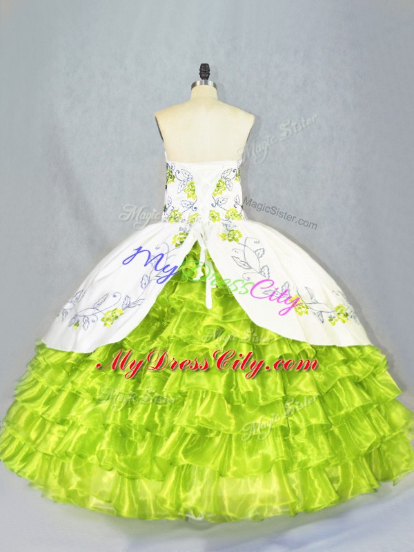 Most Popular Sleeveless Lace Up Floor Length Embroidery and Ruffled Layers Quinceanera Dresses