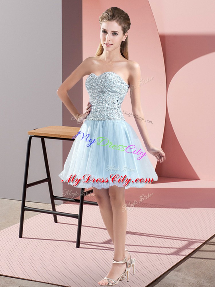 Fantastic Light Blue Tulle Zipper Sweetheart Sleeveless Mini Length Prom Evening Gown Beading