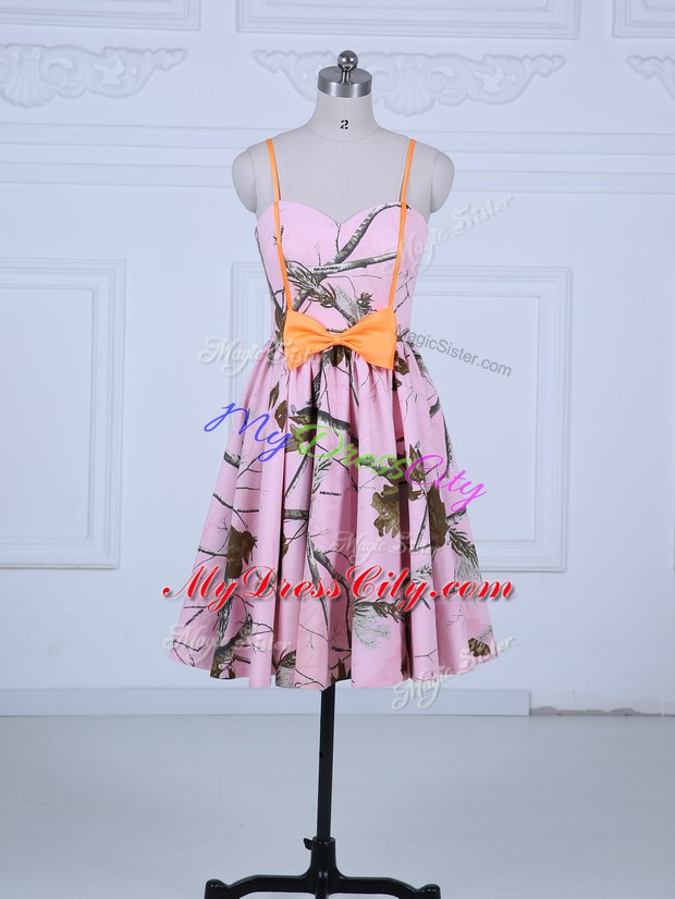 Chic Printed Sleeveless Knee Length Homecoming Dresses and Bowknot