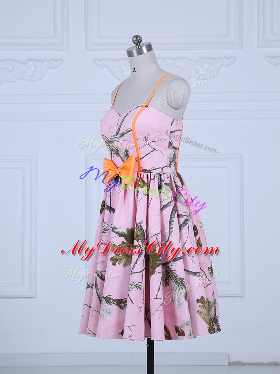 Chic Printed Sleeveless Knee Length Homecoming Dresses and Bowknot