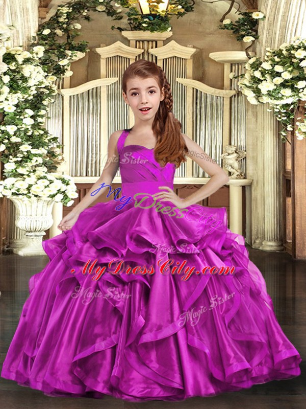 On Sale Fuchsia Ball Gowns Ruffles Pageant Gowns For Girls Lace Up Organza Sleeveless Floor Length