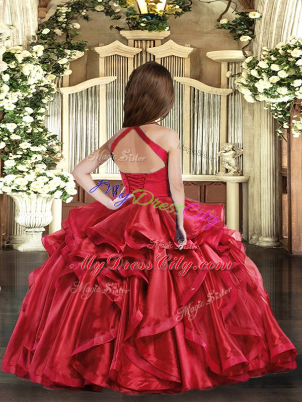 On Sale Fuchsia Ball Gowns Ruffles Pageant Gowns For Girls Lace Up Organza Sleeveless Floor Length