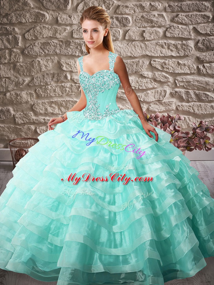 Sexy Aqua Blue Lace Up Quince Ball Gowns Beading and Ruffled Layers Sleeveless Court Train