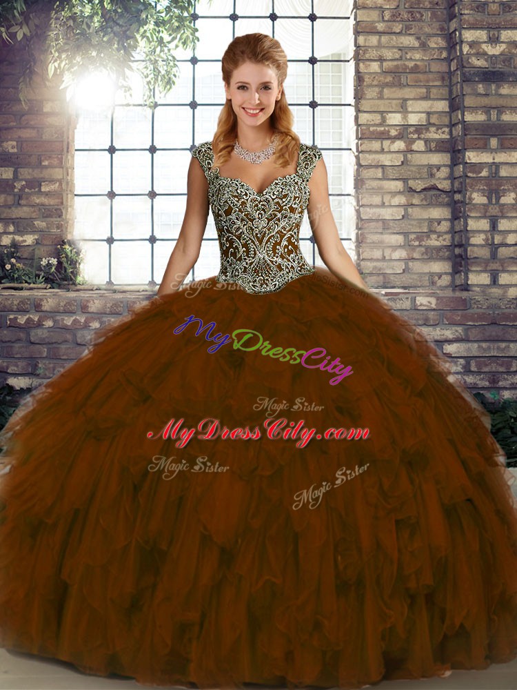 Hot Sale Brown Organza Lace Up Straps Sleeveless Floor Length Quinceanera Dresses Beading and Ruffles