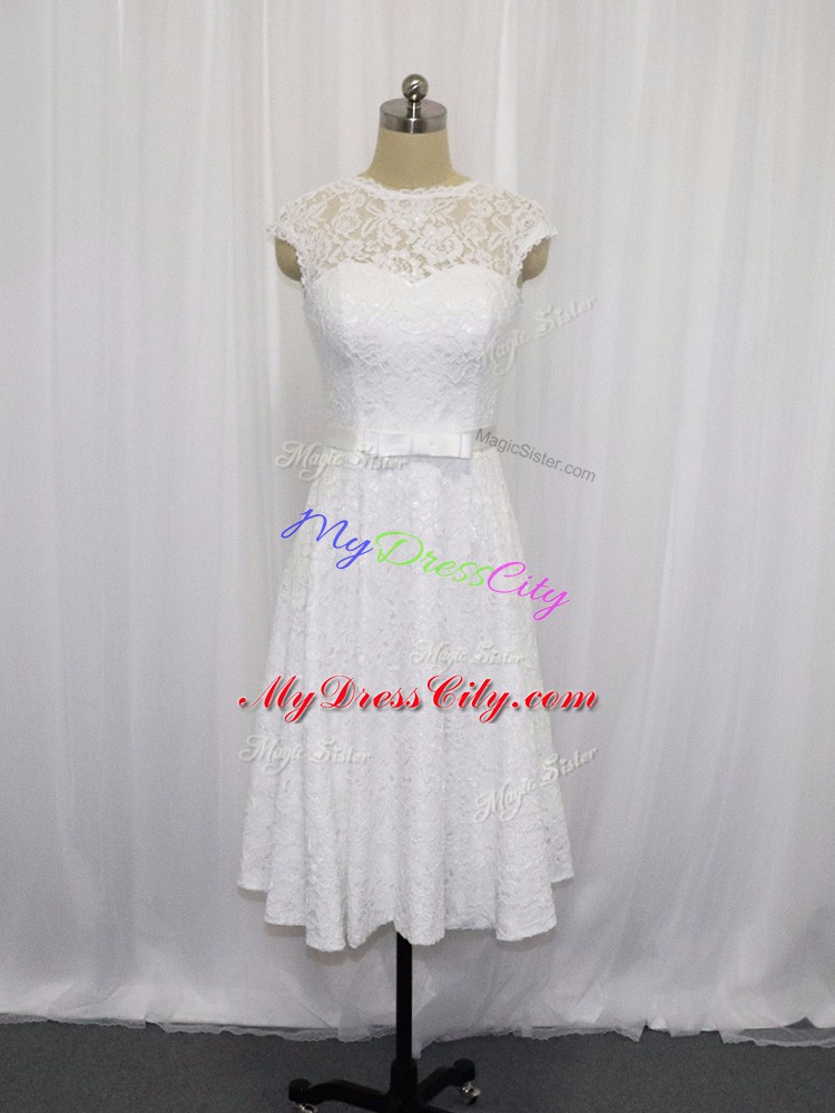 Tea Length White Wedding Dress Lace Sleeveless Lace and Belt