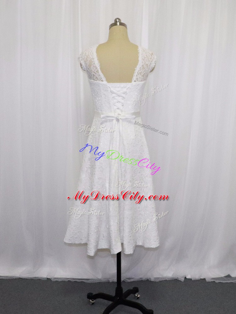 Tea Length White Wedding Dress Lace Sleeveless Lace and Belt