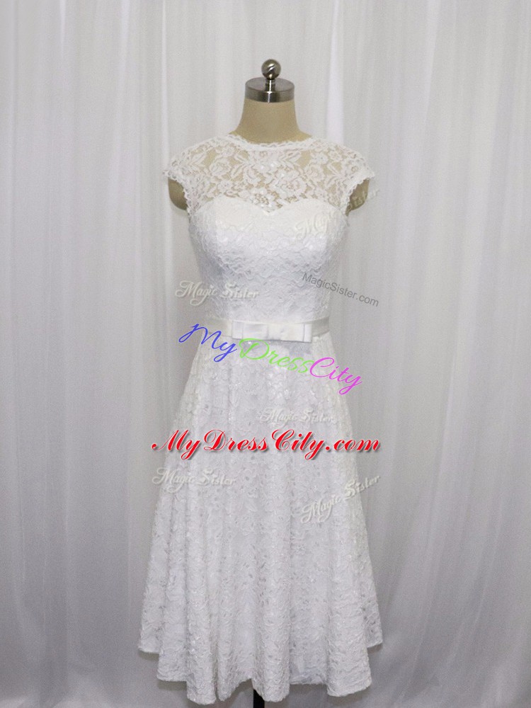 Tea Length White Wedding Dress Lace Sleeveless Lace and Belt