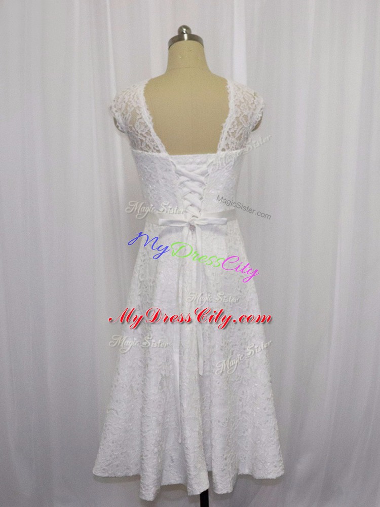 Tea Length White Wedding Dress Lace Sleeveless Lace and Belt