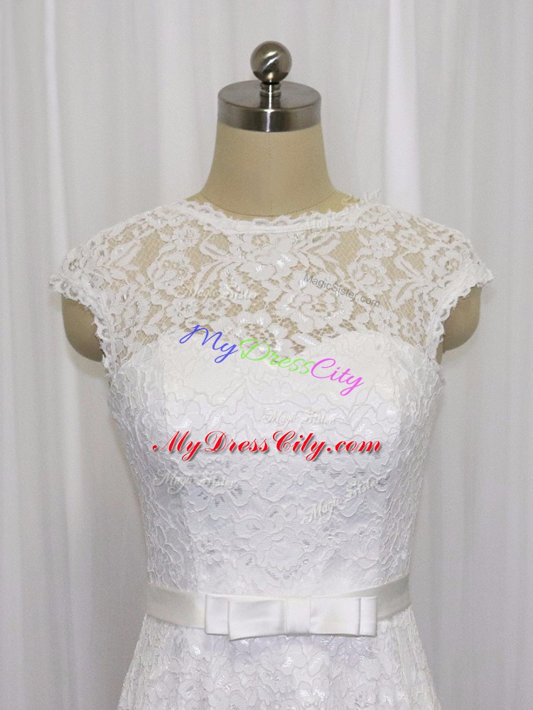 Tea Length White Wedding Dress Lace Sleeveless Lace and Belt