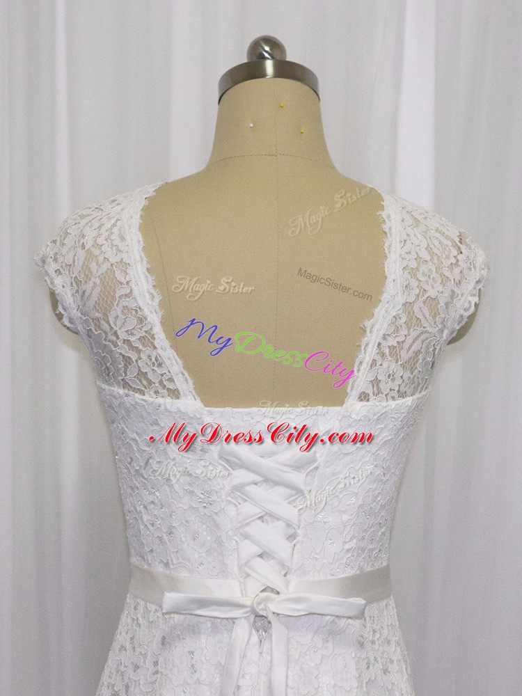 Tea Length White Wedding Dress Lace Sleeveless Lace and Belt