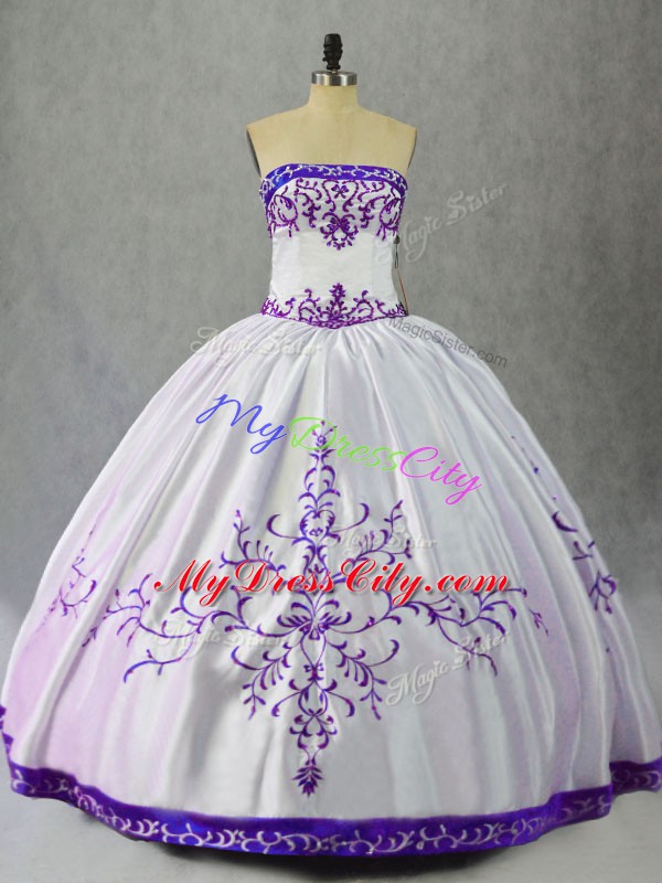 Dazzling White And Purple Ball Gowns Satin Scoop Sleeveless Embroidery Floor Length Lace Up Quinceanera Dress