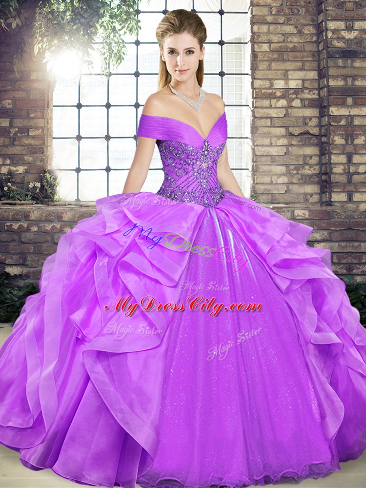 Modest Off The Shoulder Sleeveless Quinceanera Gown Floor Length Beading and Ruffles Lavender Organza