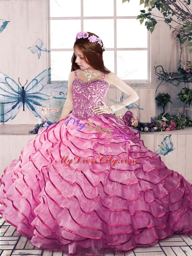 Popular Straps Sleeveless Court Train Lace Up Little Girls Pageant Dress Pink Organza