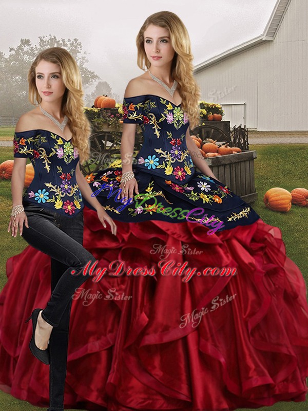 Low Price Two Pieces Quinceanera Dresses Red And Black Off The Shoulder Organza Sleeveless Floor Length Lace Up