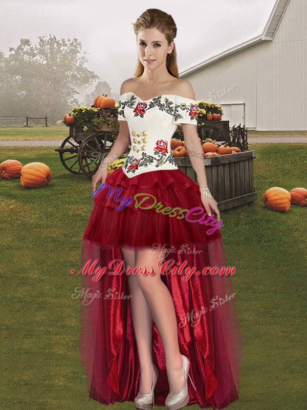 Colorful Tulle Off The Shoulder Sleeveless Brush Train Lace Up Embroidery and Ruffled Layers 15 Quinceanera Dress in Wine Red