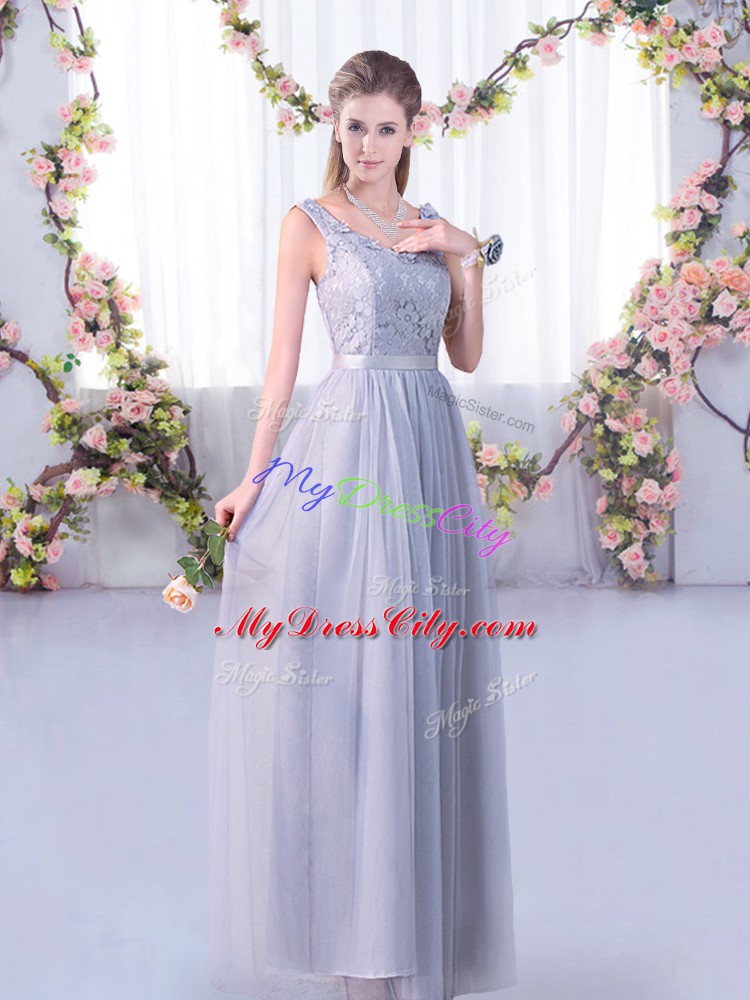 Sleeveless Lace and Belt Side Zipper Bridesmaid Gown