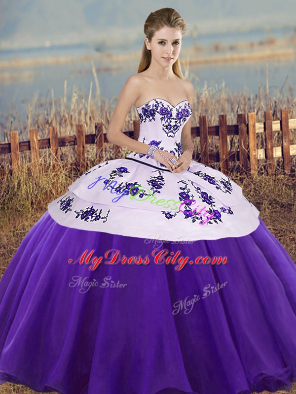 On Sale Embroidery and Bowknot Sweet 16 Dress White And Purple Lace Up Sleeveless Floor Length