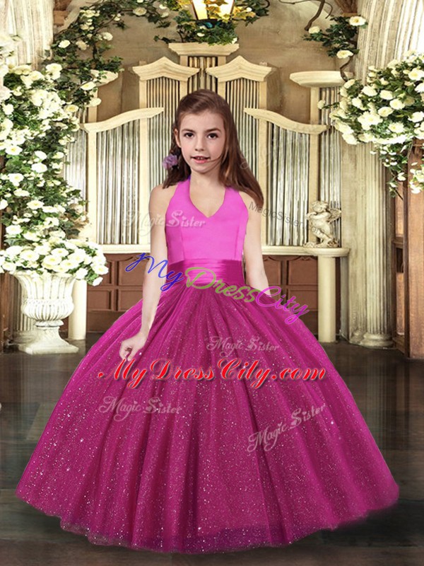 Cute Fuchsia Little Girls Pageant Dress Wholesale Party and Wedding Party with Ruching Halter Top Sleeveless Lace Up