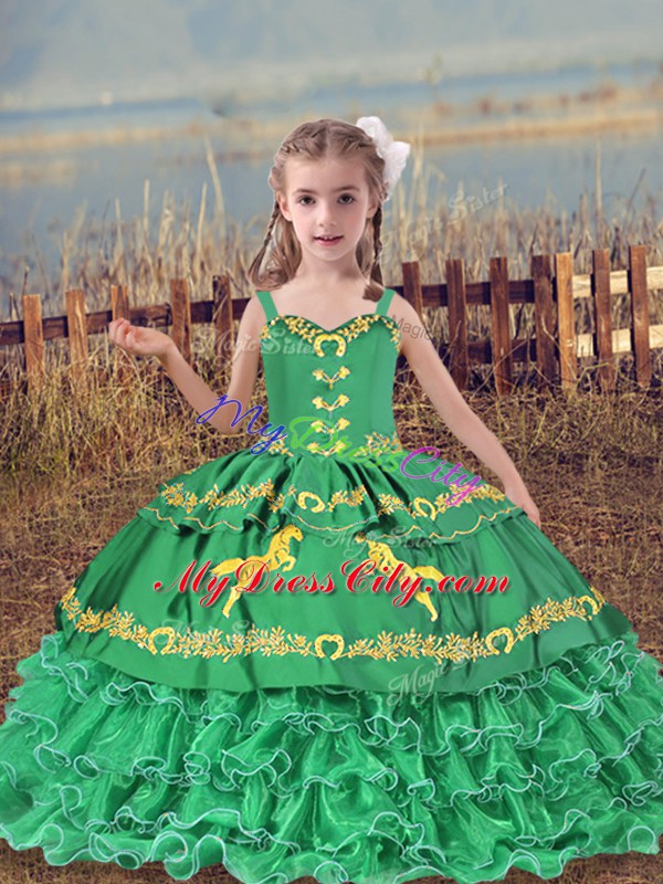 Turquoise Lace Up Pageant Dress for Girls Beading and Embroidery and Ruffled Layers Sleeveless Floor Length