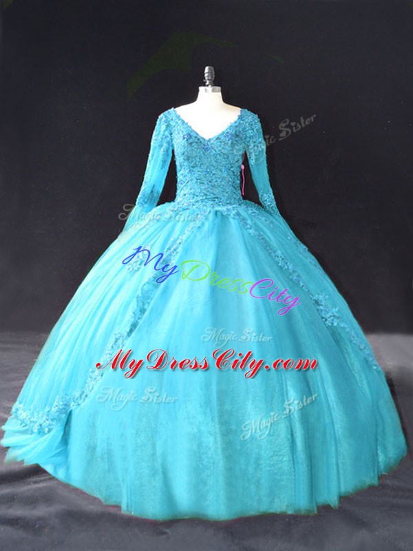 Lace and Appliques Quinceanera Dresses Aqua Blue Lace Up Long Sleeves Floor Length