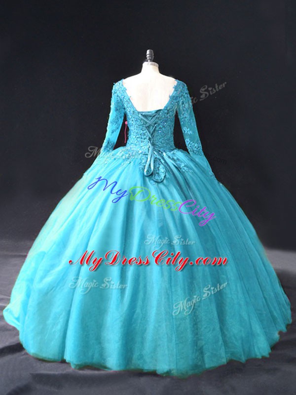 Lace and Appliques Quinceanera Dresses Aqua Blue Lace Up Long Sleeves Floor Length