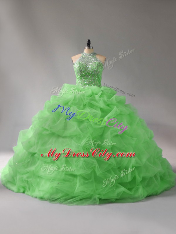 Custom Made Halter Top Sleeveless Quinceanera Dresses Court Train Beading and Pick Ups Organza