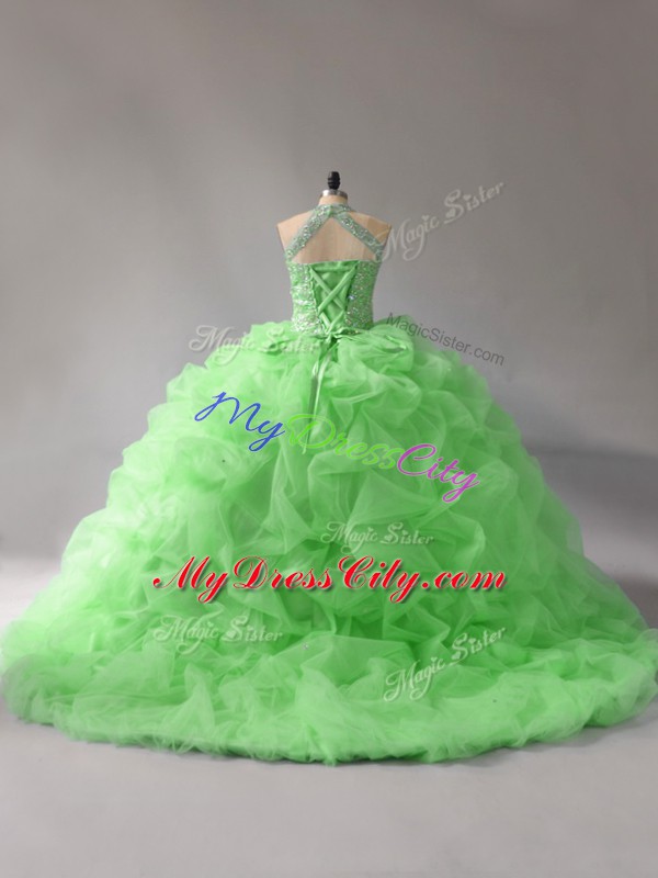 Custom Made Halter Top Sleeveless Quinceanera Dresses Court Train Beading and Pick Ups Organza