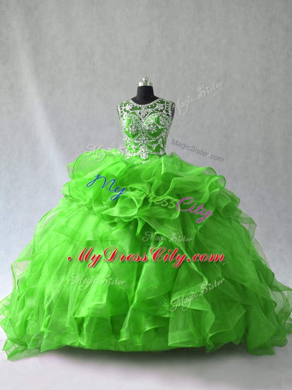 Romantic Ball Gowns Scoop Sleeveless Organza Floor Length Lace Up Beading and Ruffles Sweet 16 Quinceanera Dress