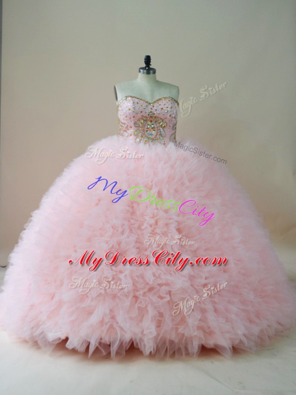 Hot Sale Baby Pink Sleeveless Tulle Brush Train Lace Up Quinceanera Gown for Sweet 16 and Quinceanera