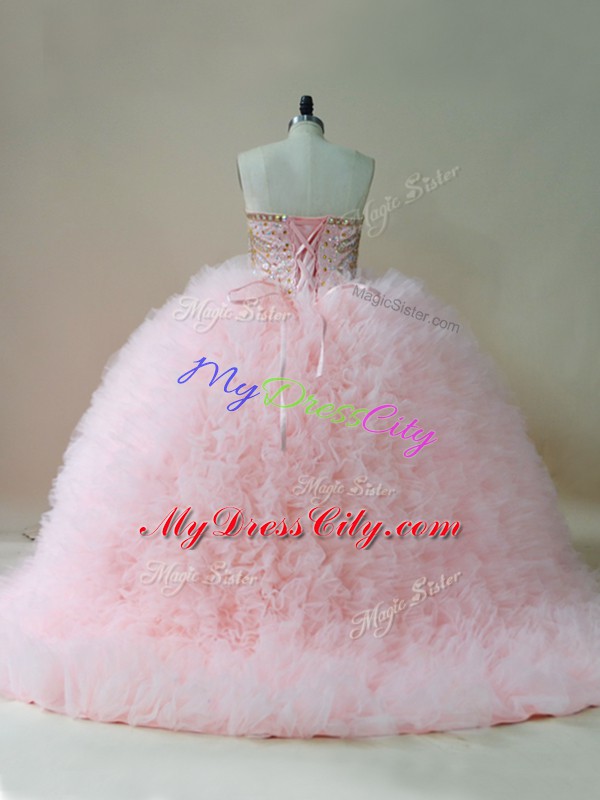 Hot Sale Baby Pink Sleeveless Tulle Brush Train Lace Up Quinceanera Gown for Sweet 16 and Quinceanera