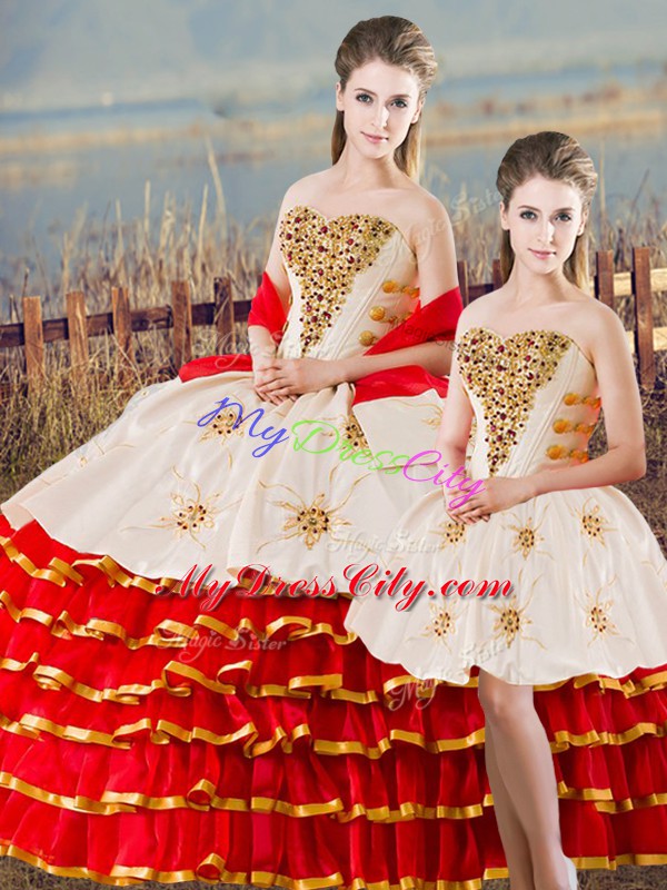 High Quality White And Red Lace Up Sweetheart Beading and Ruffled Layers Quinceanera Gowns Organza Sleeveless