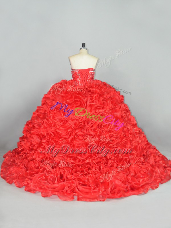 Colorful Ball Gowns Sleeveless Red Sweet 16 Dress Brush Train Lace Up