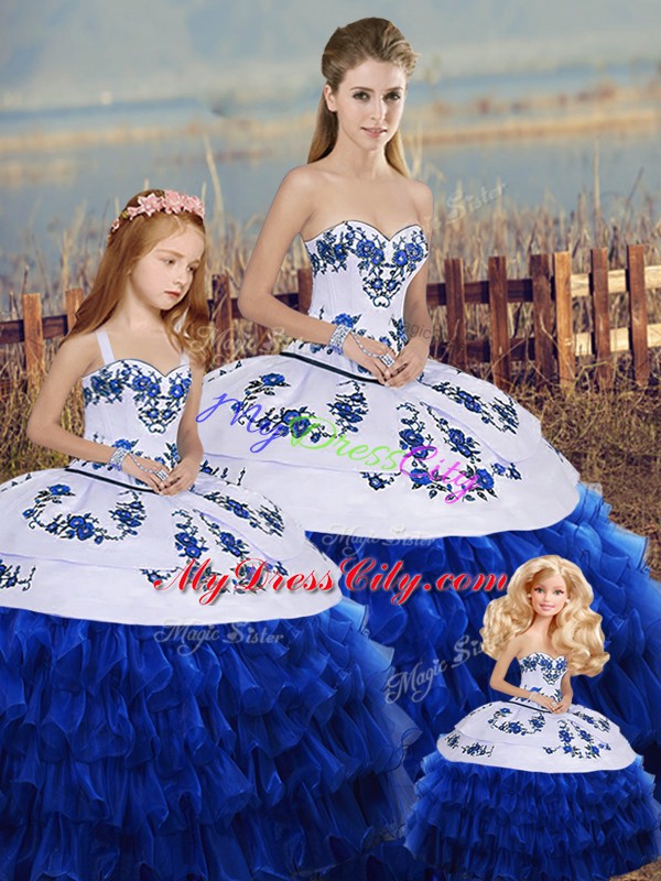 Royal Blue Ball Gowns Embroidery and Ruffled Layers and Bowknot Ball Gown Prom Dress Lace Up Organza Sleeveless Floor Length