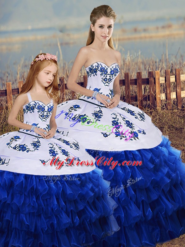 Royal Blue Ball Gowns Embroidery and Ruffled Layers and Bowknot Ball Gown Prom Dress Lace Up Organza Sleeveless Floor Length