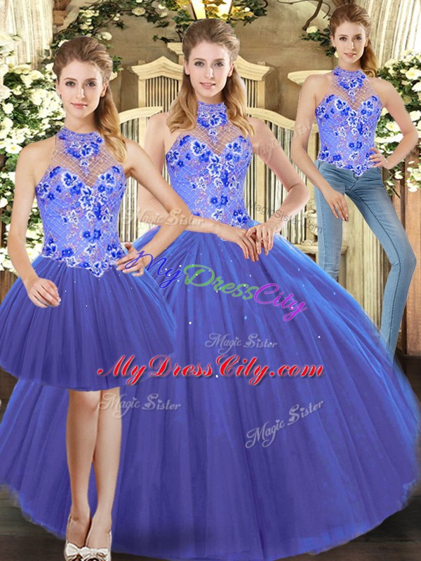 Traditional Blue Lace Up 15 Quinceanera Dress Embroidery Sleeveless Floor Length