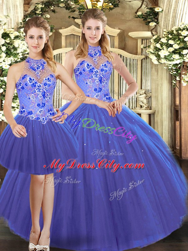 Traditional Blue Lace Up 15 Quinceanera Dress Embroidery Sleeveless Floor Length