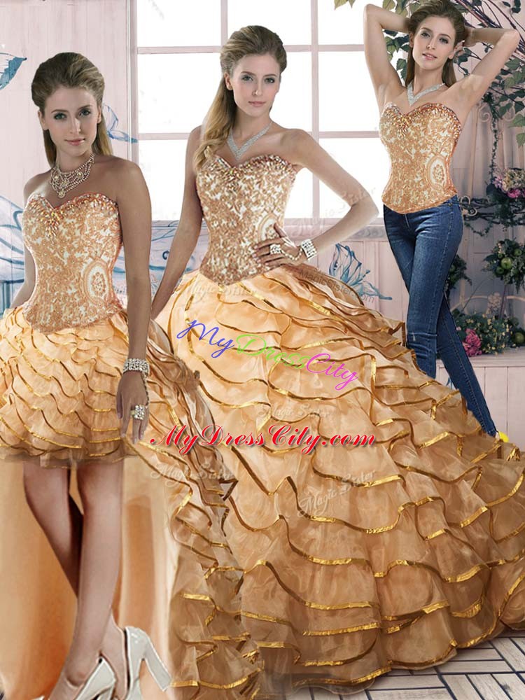 Gold Sleeveless Brush Train Ruffled Layers Ball Gown Prom Dress