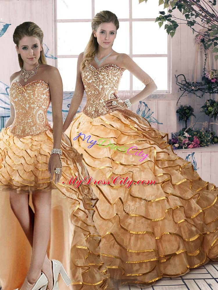 Gold Sleeveless Brush Train Ruffled Layers Ball Gown Prom Dress