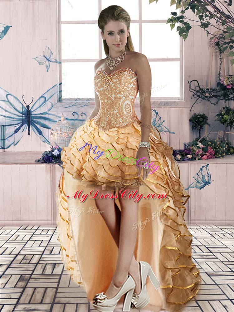 Gold Sleeveless Brush Train Ruffled Layers Ball Gown Prom Dress