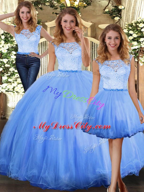 Most Popular Sleeveless Floor Length Lace Clasp Handle Quinceanera Dresses with Blue