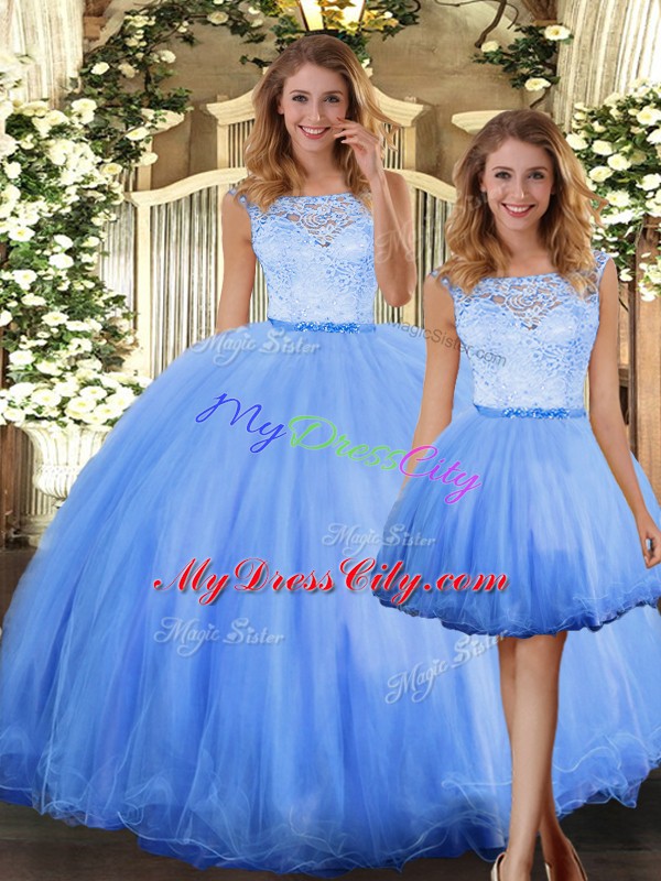 Most Popular Sleeveless Floor Length Lace Clasp Handle Quinceanera Dresses with Blue