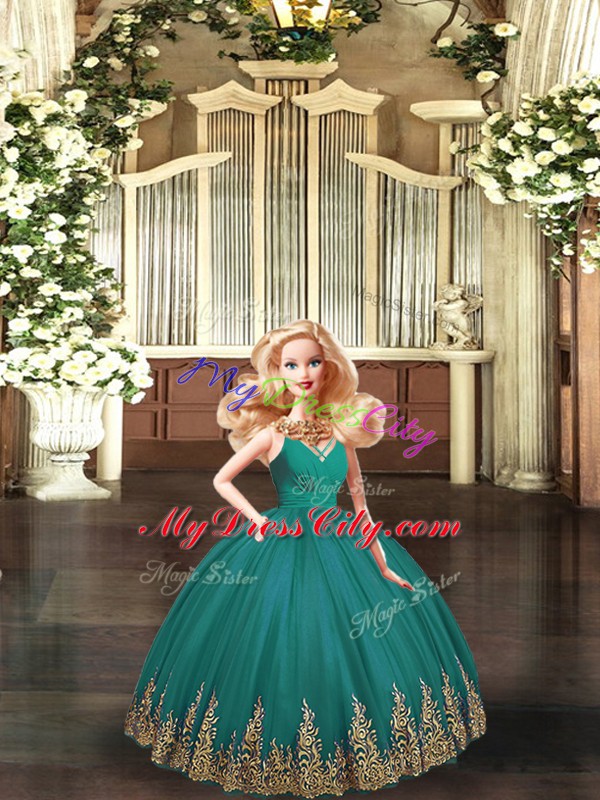 V-neck Sleeveless Ball Gown Prom Dress Floor Length Embroidery Turquoise Tulle