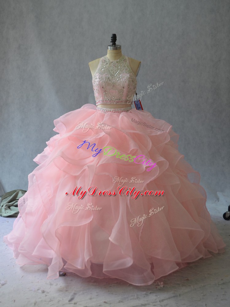 Peach Backless Vestidos de Quinceanera Beading and Ruffles Sleeveless