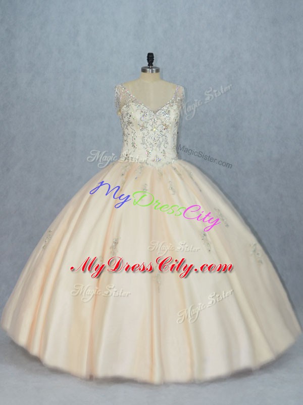 Champagne V-neck Lace Up Beading Sweet 16 Dress Sleeveless