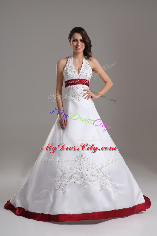 Glorious White Halter Top Neckline Beading and Embroidery Wedding Dress Sleeveless Lace Up