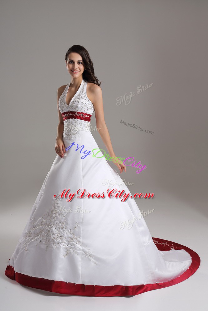 Glorious White Halter Top Neckline Beading and Embroidery Wedding Dress Sleeveless Lace Up