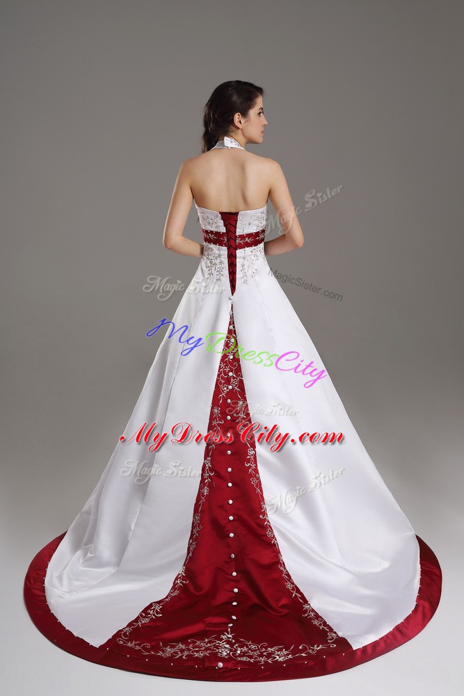 Glorious White Halter Top Neckline Beading and Embroidery Wedding Dress Sleeveless Lace Up