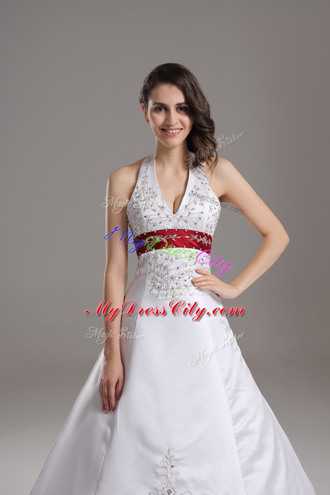 Glorious White Halter Top Neckline Beading and Embroidery Wedding Dress Sleeveless Lace Up