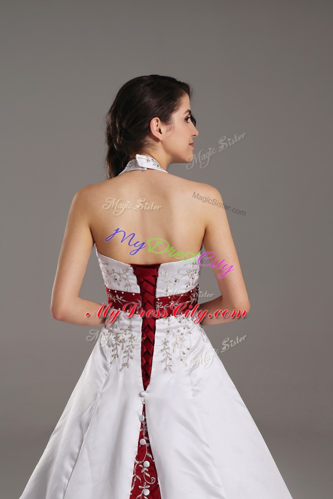 Glorious White Halter Top Neckline Beading and Embroidery Wedding Dress Sleeveless Lace Up